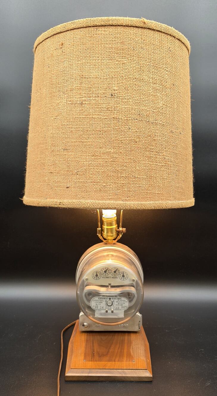 Vintage 24.5" GE KWH Meter 3‑Way Lamp w/ Burlap Shade & Wood Base Works - Rare